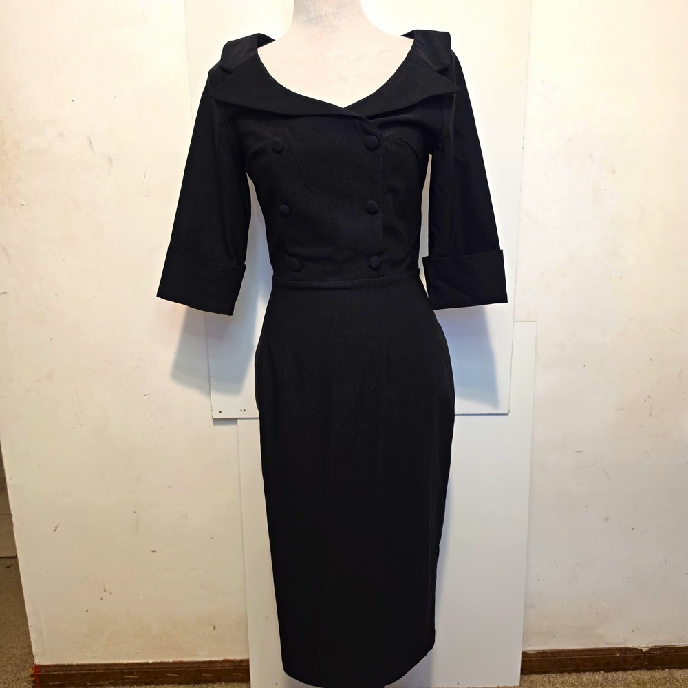 MUXXN Women's Black Pencil Dress M Retro Double Breasted Stretch 3/4 Sleeve